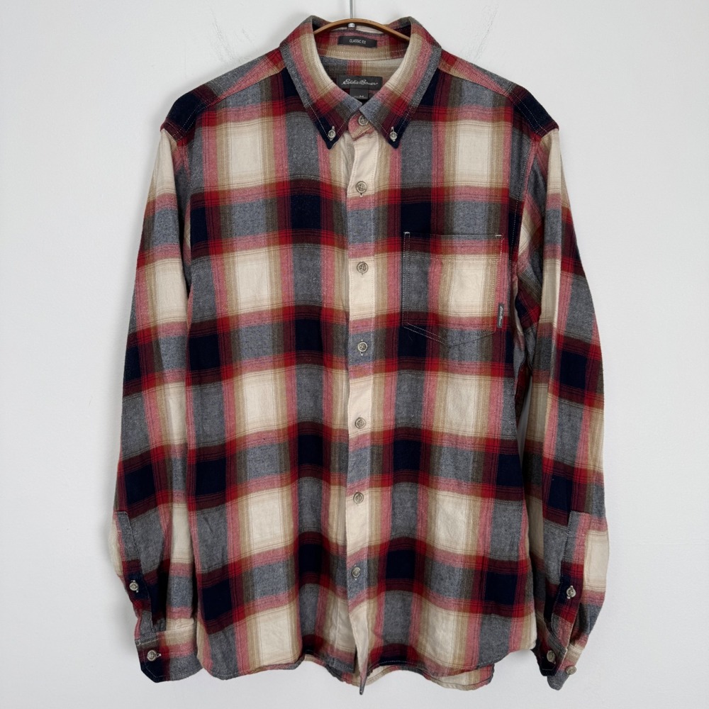 Eddie‎ Bauer Mens Classic Fit Plaid Flannel Shirt Red Navy 13101848 Medium